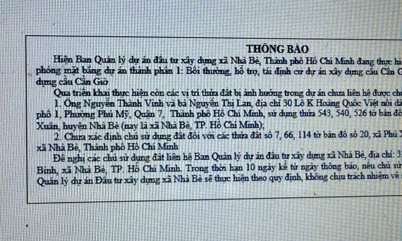 Thông báo tìm chủ sử dụng đất bị ảnh hưởng bởi Dự án đầu tư xây dựng cầu Cần Giờ.